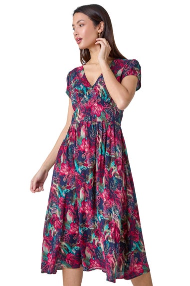 Roman Wine Floral Print Shirred Midi Dress