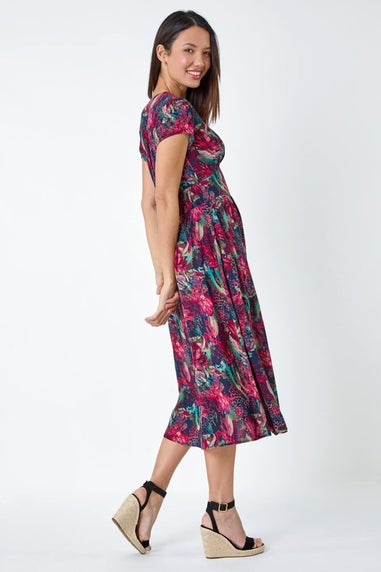 Roman Wine Floral Print Shirred Midi Dress