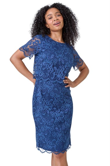 Roman Petite Navy Lace Overlay Stretch Dress