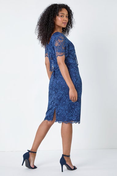 Roman Petite Navy Lace Overlay Stretch Dress