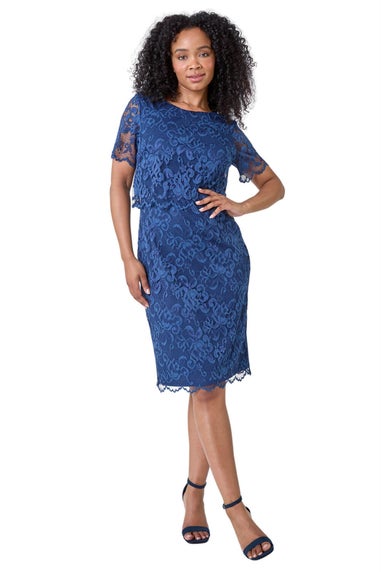 Roman Petite Navy Lace Overlay Stretch Dress