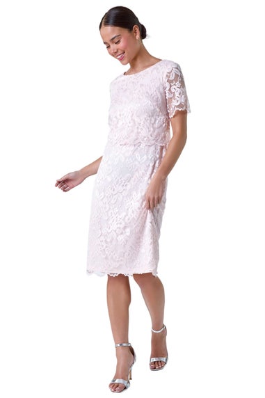 Roman Petite Light Pink Lace Overlay Stretch Dress