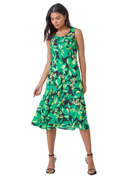 Roman Green Floral Bias Cut Stretch Dress