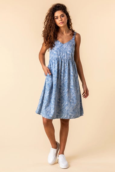 Roman Blue Tropical Print Strappy Sun Dress