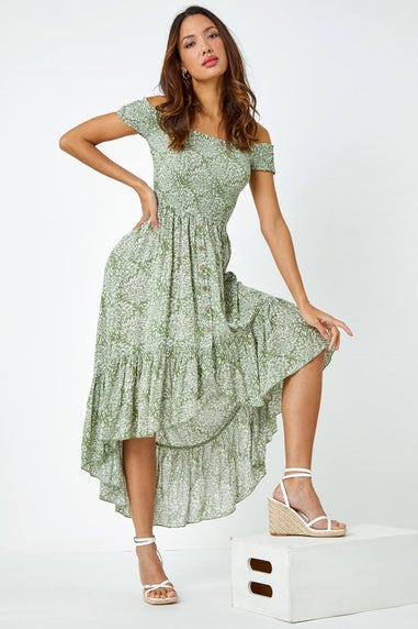 Roman Mint Leaf Print Shirred Bardot Dress