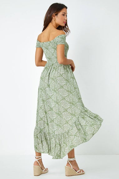 Roman Mint Leaf Print Shirred Bardot Dress