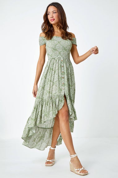 Roman Mint Leaf Print Shirred Bardot Dress