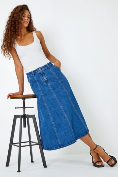 Roman Denim Cotton Denim Panelled Midi Skirt