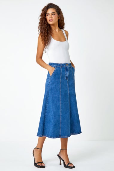 Roman Denim Cotton Denim Panelled Midi Skirt