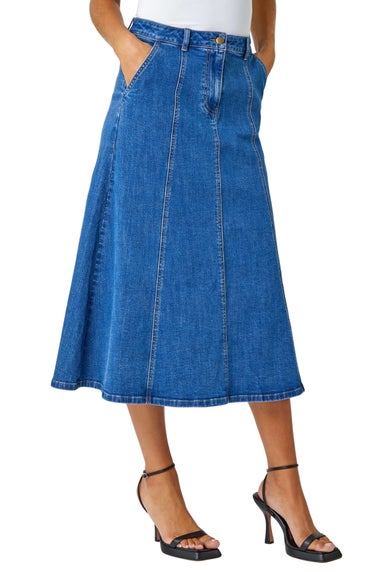 Roman Denim Cotton Denim Panelled Midi Skirt