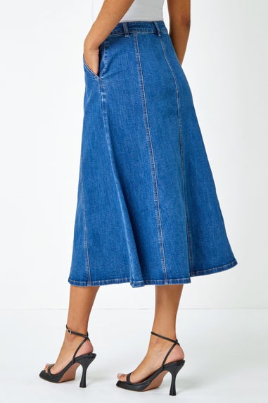 Roman Denim Cotton Denim Panelled Midi Skirt