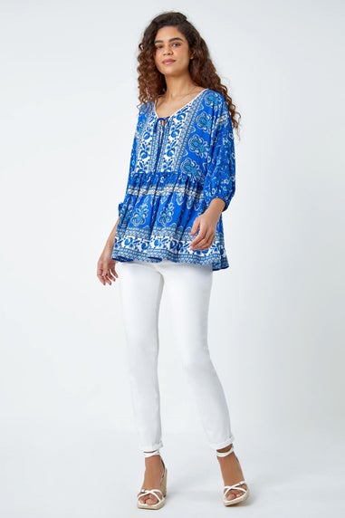 Roman Blue Floral Border Print Overshirt