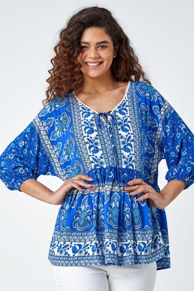 Roman Blue Floral Border Print Overshirt