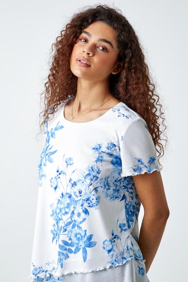 Roman Blue Floral Print Asymmetric Hem Top