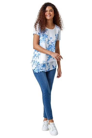 Roman Blue Floral Print Asymmetric Hem Top