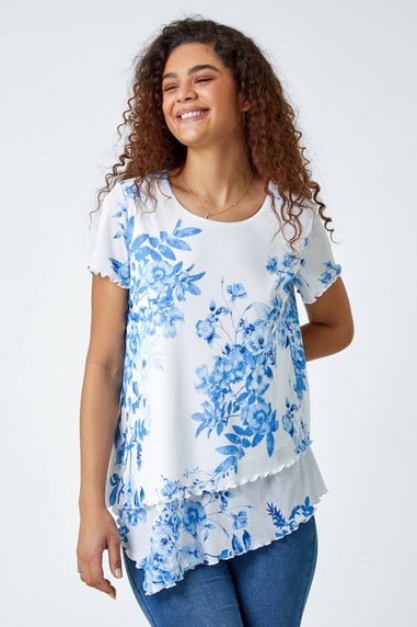 Roman Blue Floral Print Asymmetric Hem Top