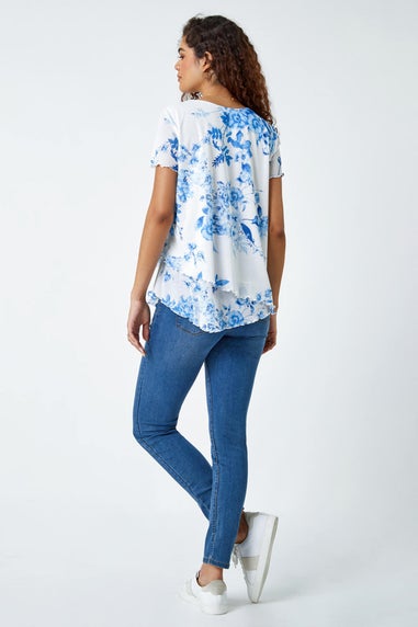 Roman Blue Floral Print Asymmetric Hem Top