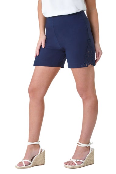 Roman Navy Lace Trim Stretch Elastic Waist Shorts