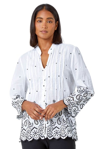 Roman Ivory Cotton Paisley Embroidered V-Neck Blouse