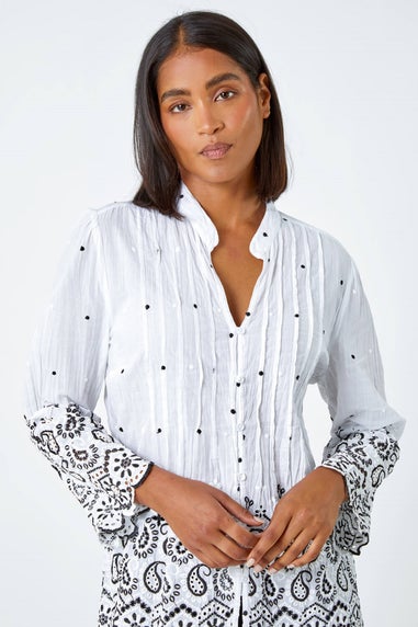 Roman Ivory Cotton Paisley Embroidered V-Neck Blouse