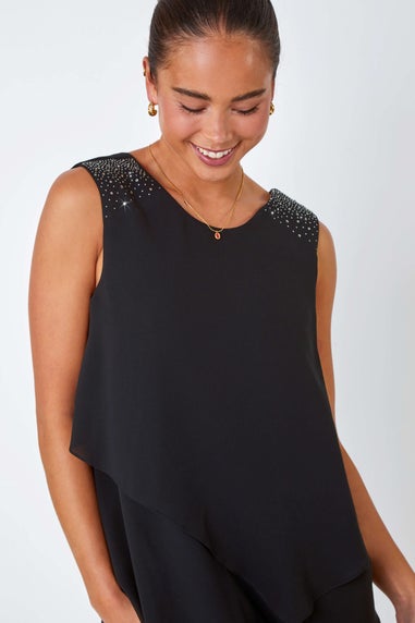 Roman Black Petite Embellished Chiffon Tiered Shift Dress