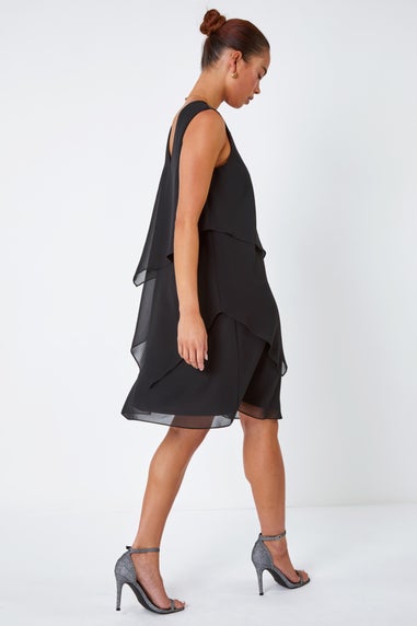 Roman Black Petite Embellished Chiffon Tiered Shift Dress