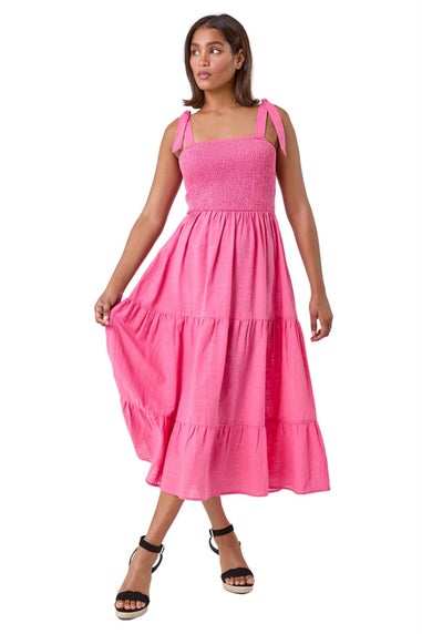 Roman Pink Shirred Tie Cotton Tiered Midi Dress