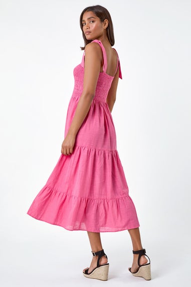 Roman Pink Shirred Tie Cotton Tiered Midi Dress