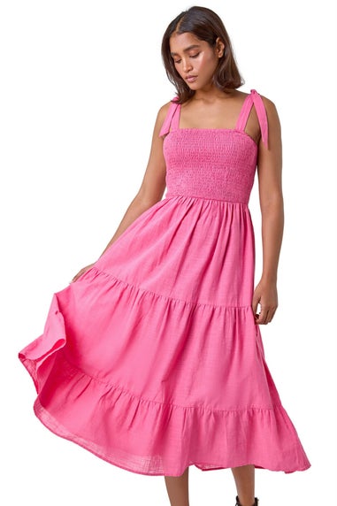 Roman Pink Shirred Tie Cotton Tiered Midi Dress