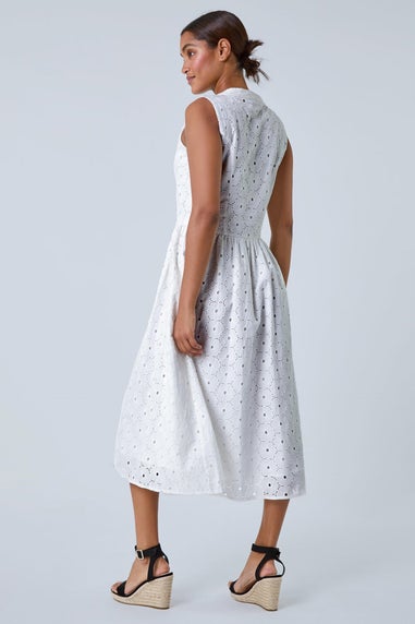 Roman White Floral Cotton Broderie Midi Dress