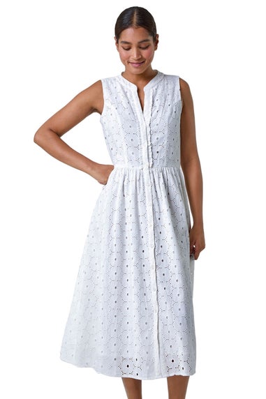 Roman White Floral Cotton Broderie Midi Dress