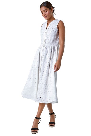 Roman White Floral Cotton Broderie Midi Dress