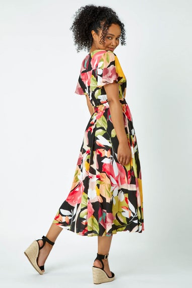 Roman Pink Petite Tropical Button Midi Dress