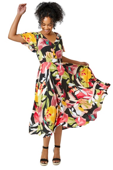 Roman Pink Petite Tropical Button Midi Dress