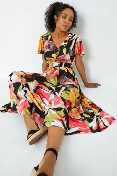 Roman Pink Petite Tropical Button Midi Dress