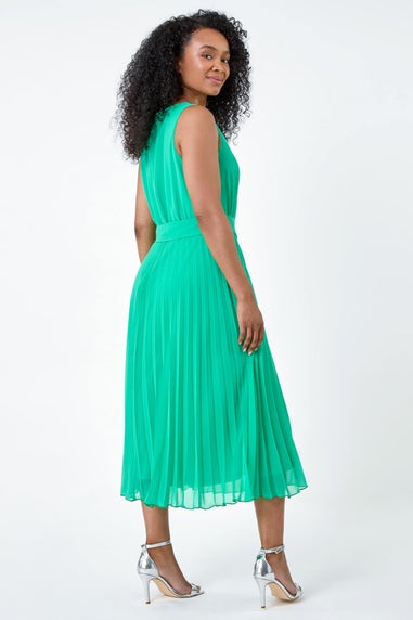 Roman Petite Green Pleated Chiffon Midi Dress