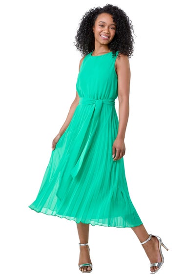 Roman Petite Green Pleated Chiffon Midi Dress