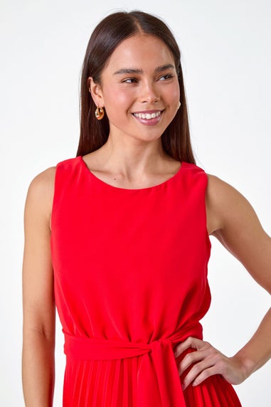 Roman Petite Red Pleated Midi Dress