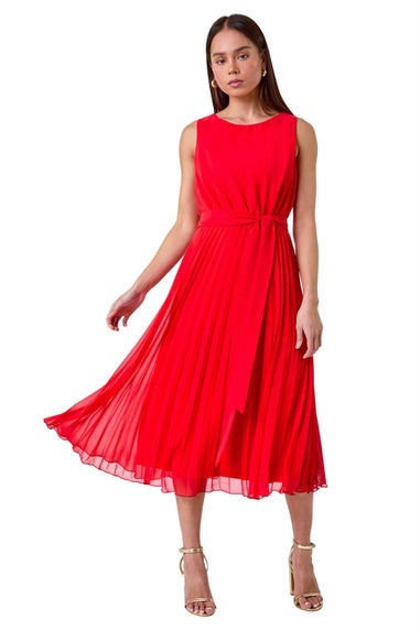 Roman Petite Red Pleated Midi Dress