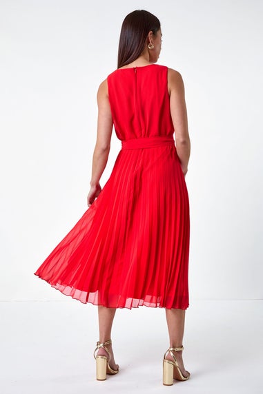 Roman Petite Red Pleated Midi Dress