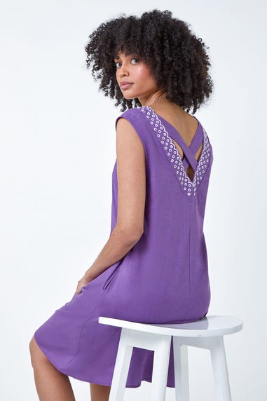 Roman Purple Cotton Blend Embroidered Pocket Shift Dress