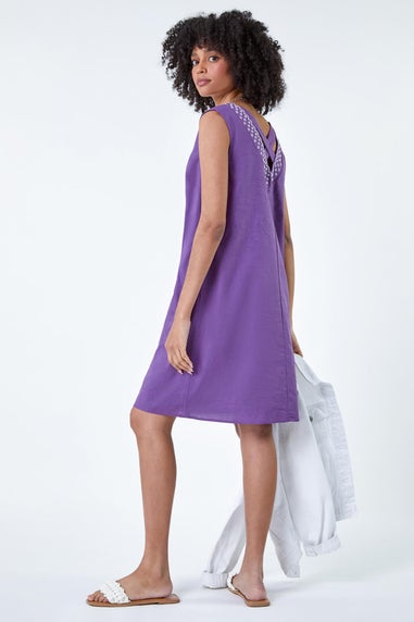 Roman Purple Cotton Blend Embroidered Pocket Shift Dress