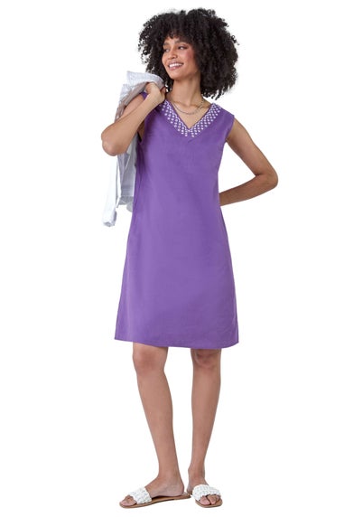 Roman Purple Cotton Blend Embroidered Pocket Shift Dress