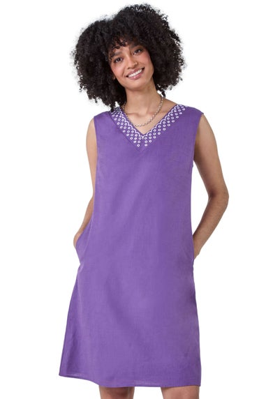 Roman Purple Cotton Blend Embroidered Pocket Shift Dress