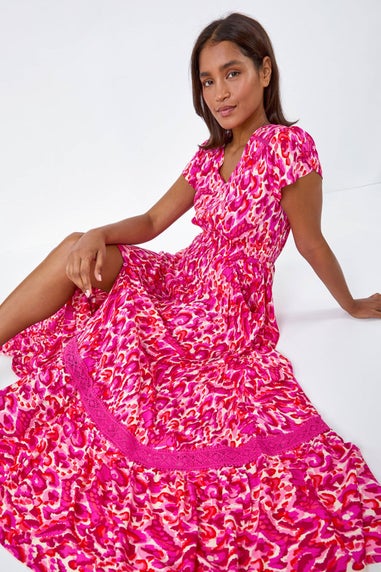 Roman Pink Abstract Print Shirred Waist Maxi Dress