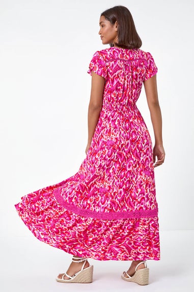 Roman Pink Abstract Print Shirred Waist Maxi Dress