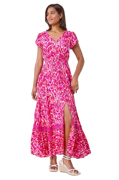 Roman Pink Abstract Print Shirred Waist Maxi Dress