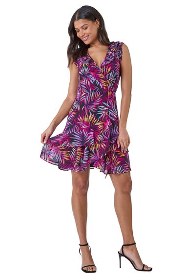 Roman Purple Tropical Leaf Print Frill Wrap Dress