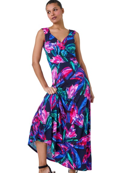 Roman Fuchsia Tropical Floral Print Wrap Maxi Dress