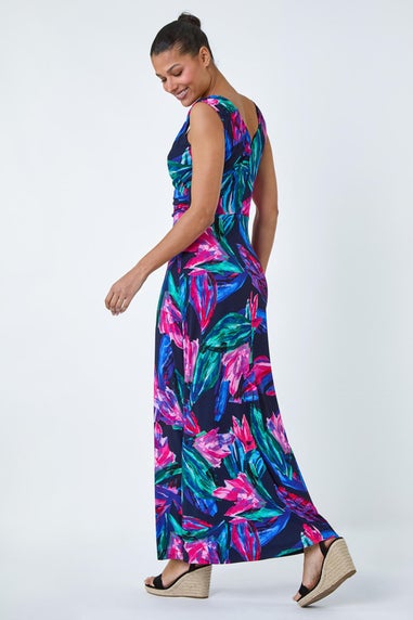 Roman Fuchsia Tropical Floral Print Wrap Maxi Dress